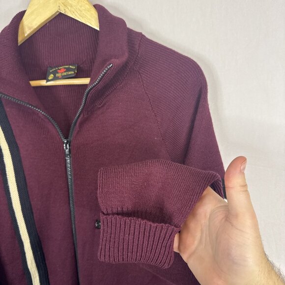 Vintage Maple Knitting Mills Wool Zip Sweater Men’s M Burgundy Stripe - Picture 2 of 7